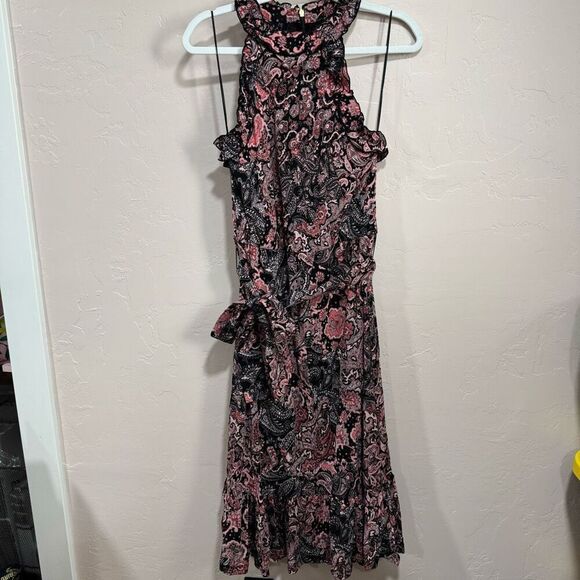 MICHAEL Michael Kors Medium Paisley Halter Midi Dress Black Ruffles Womens NWT - Picture 2 of 8